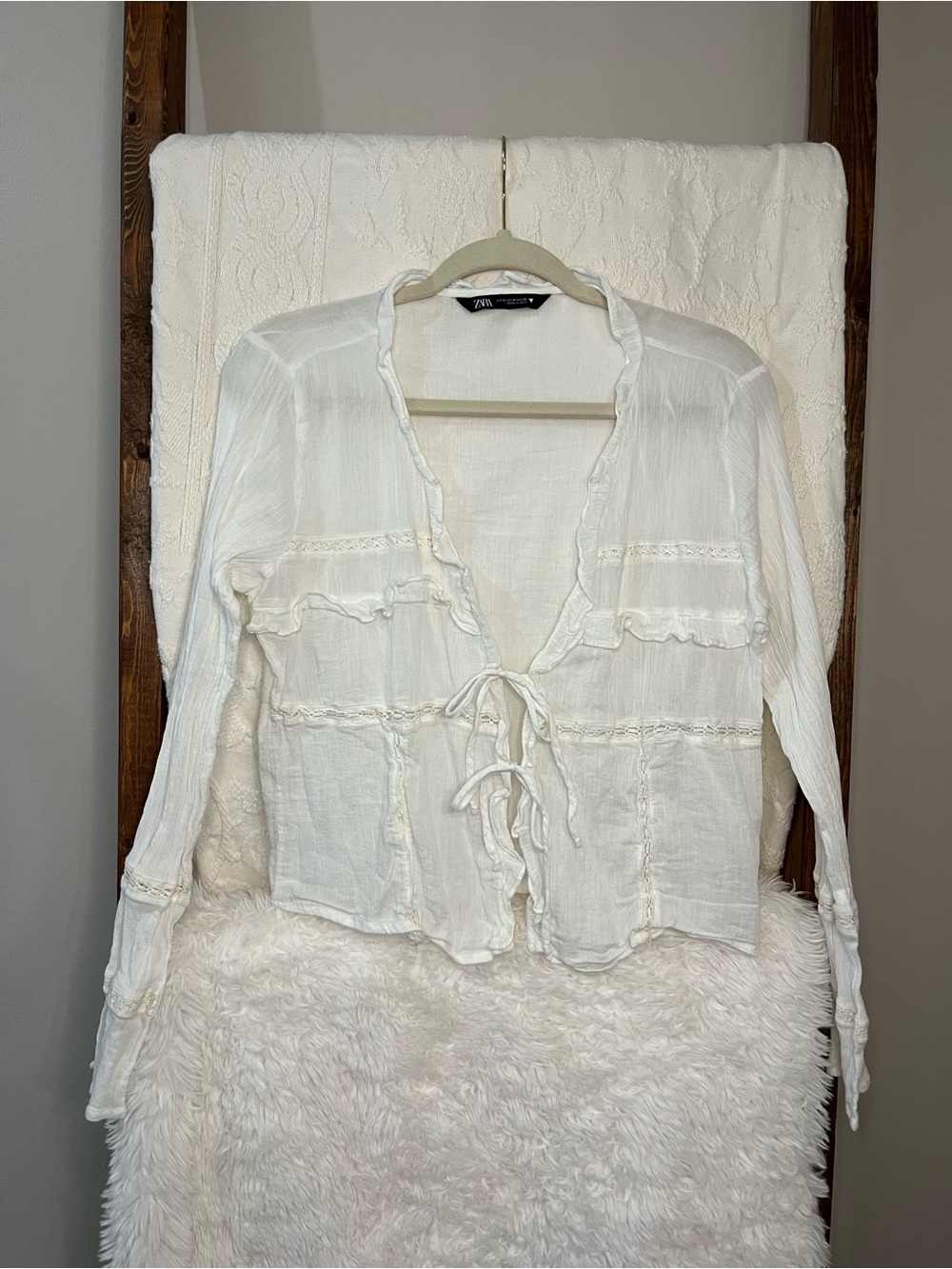 Zara Romantic Lace-Trimmed Tie-Front Blouse - White